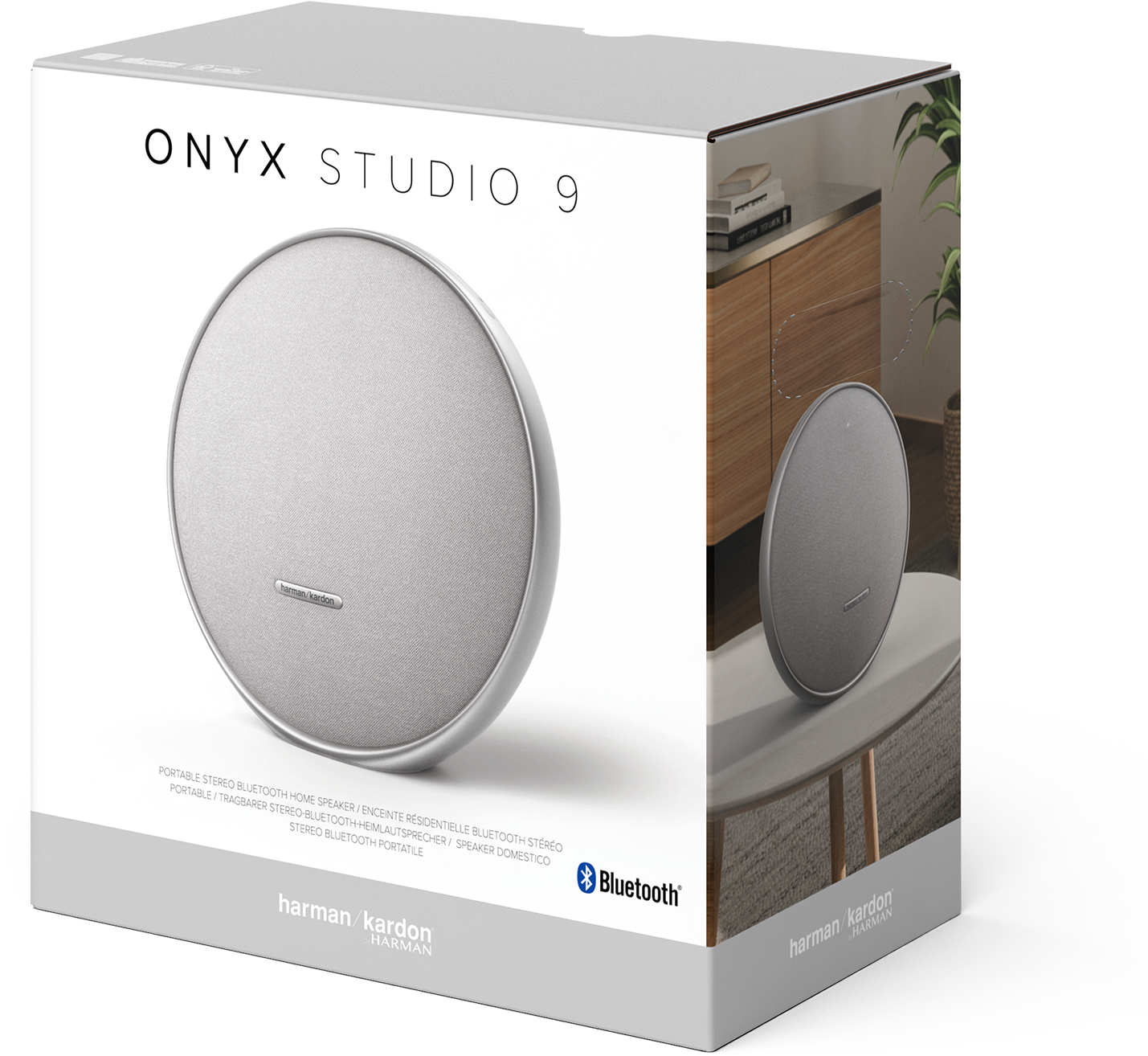 Hangszóró dobozban, ONYX STUDIO 9 felirattal és Harman Kardon márkával, fehér háttéren.