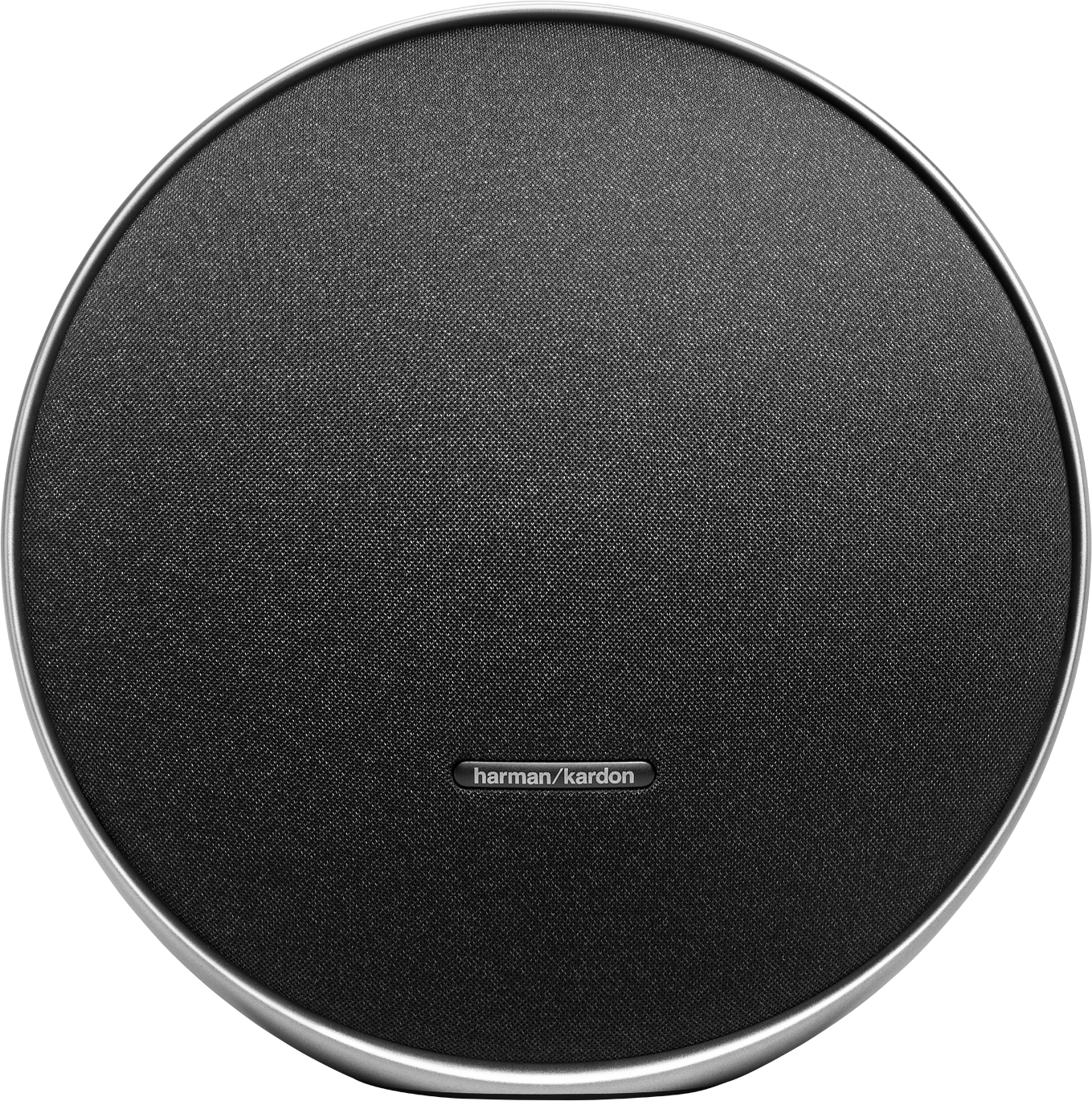 Fekete kerek hangszóró hálós előlappal és Harman Kardon logóval. Fekete háttér.