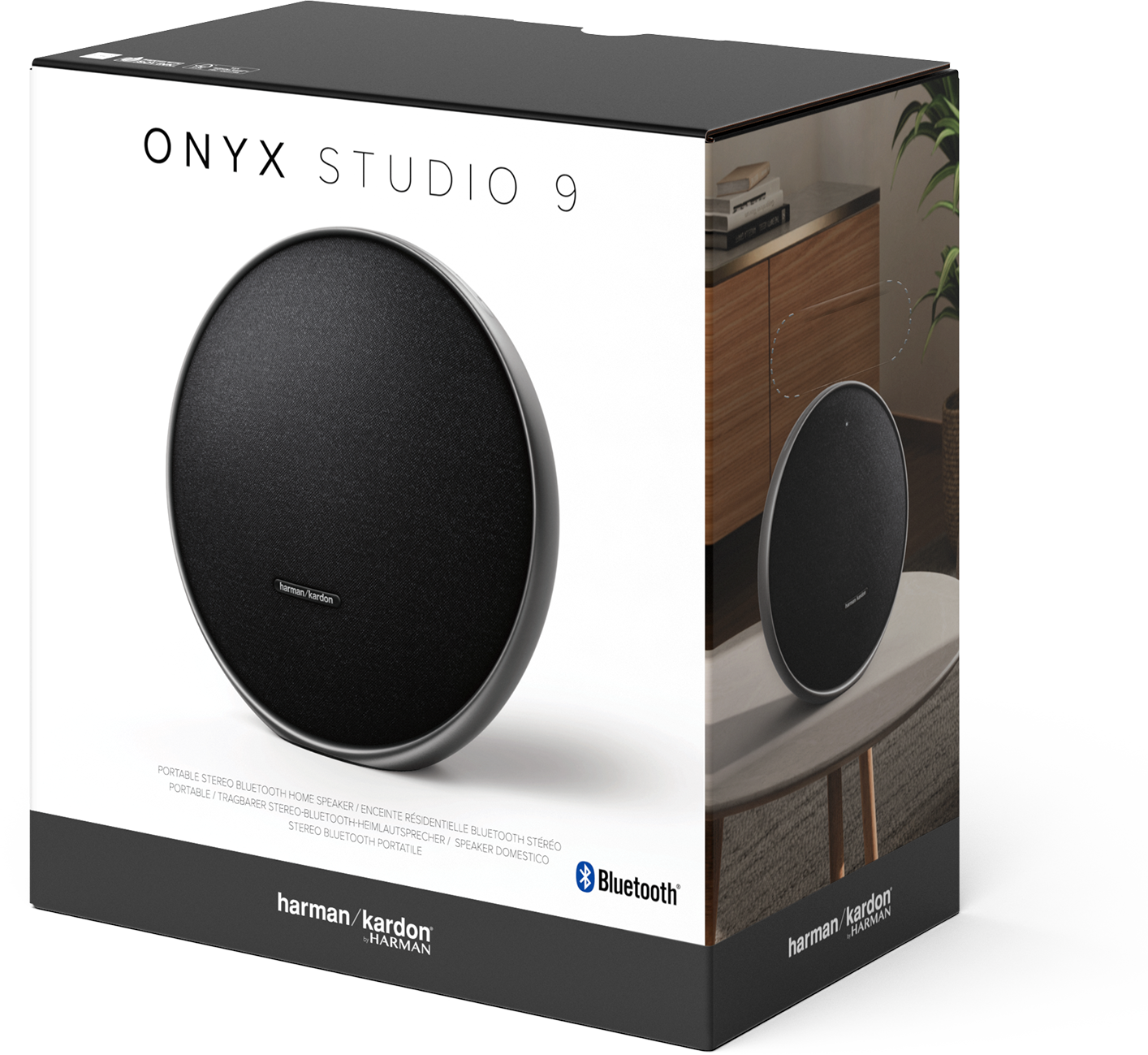 Onyx Studio 9 hangszóró doboz. Fekete hangszóró látható. Harman Kardon logó.