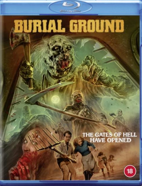 Burial Ground Blu-ray cover. Zombies attack people. The title and some text are in yellow.