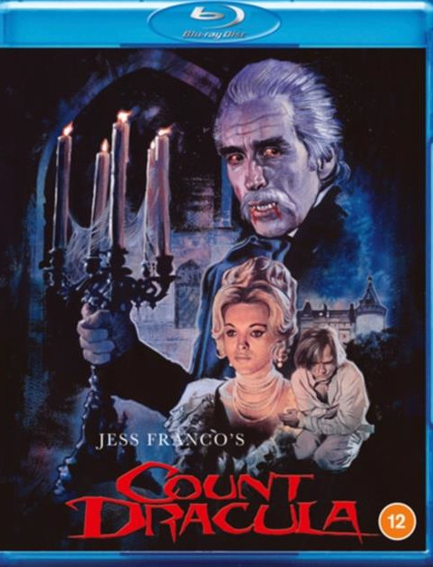 Movie cover of Count Dracula. It features a man holding a candle holder with a woman and child.