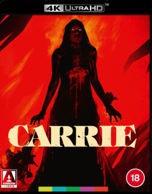Couverture du film Carrie avec une femme en robe rouge sur fond rouge.