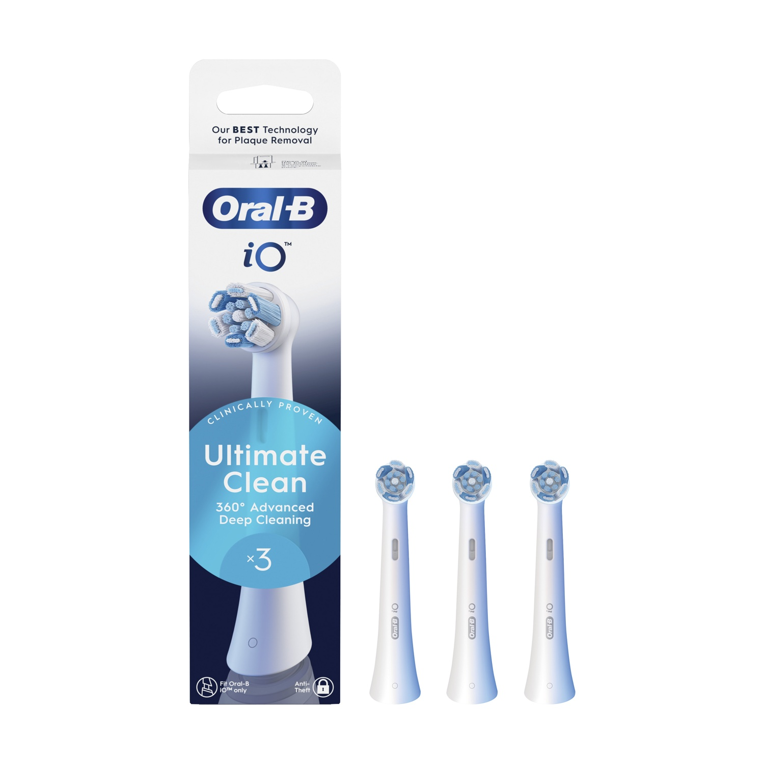 Testine per spazzolino Oral-B. Tre testine di ricambio davanti, confezione dietro. Testine pulite.