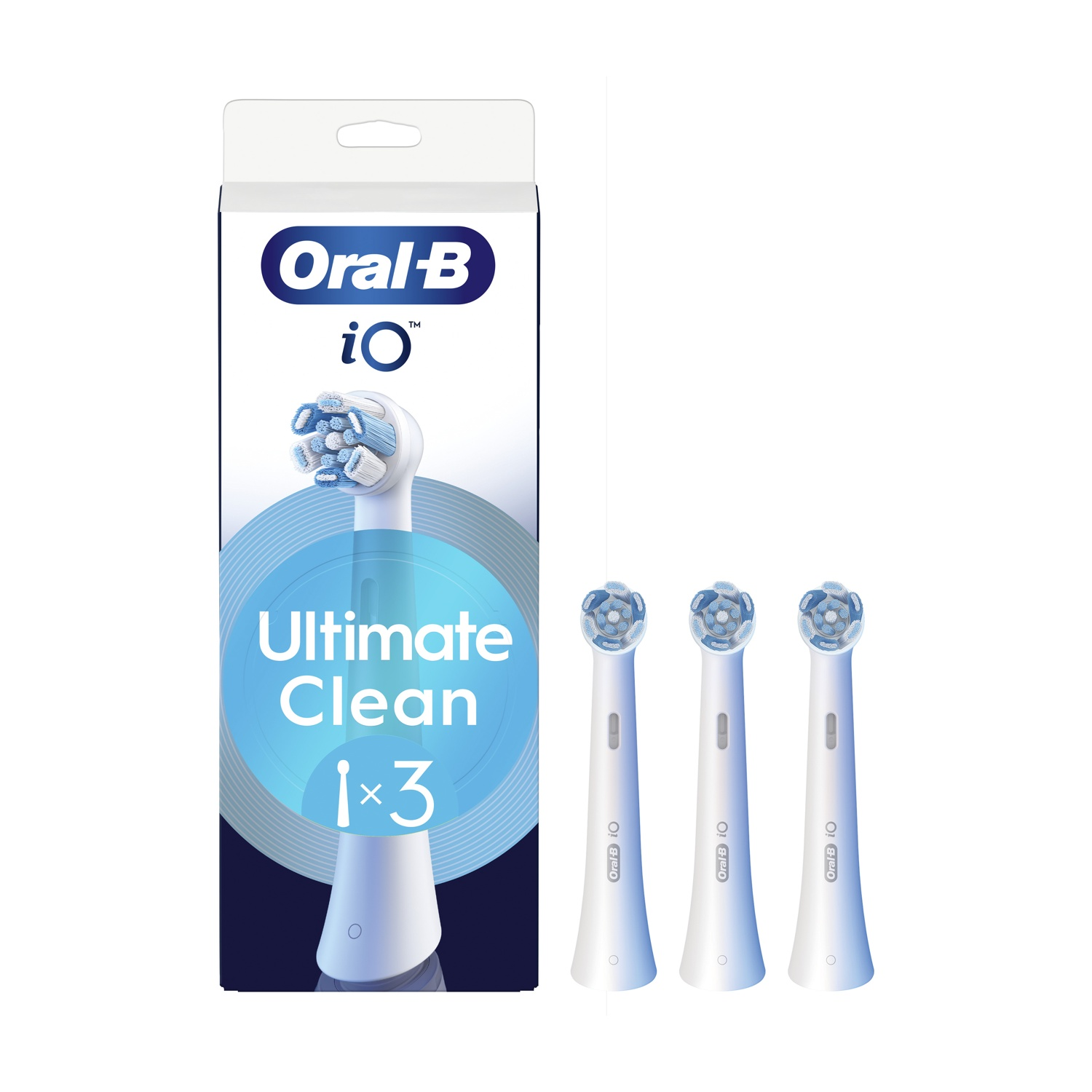 Tre testine Oral-B iO Ultimate Clean e una scatola su sfondo bianco.