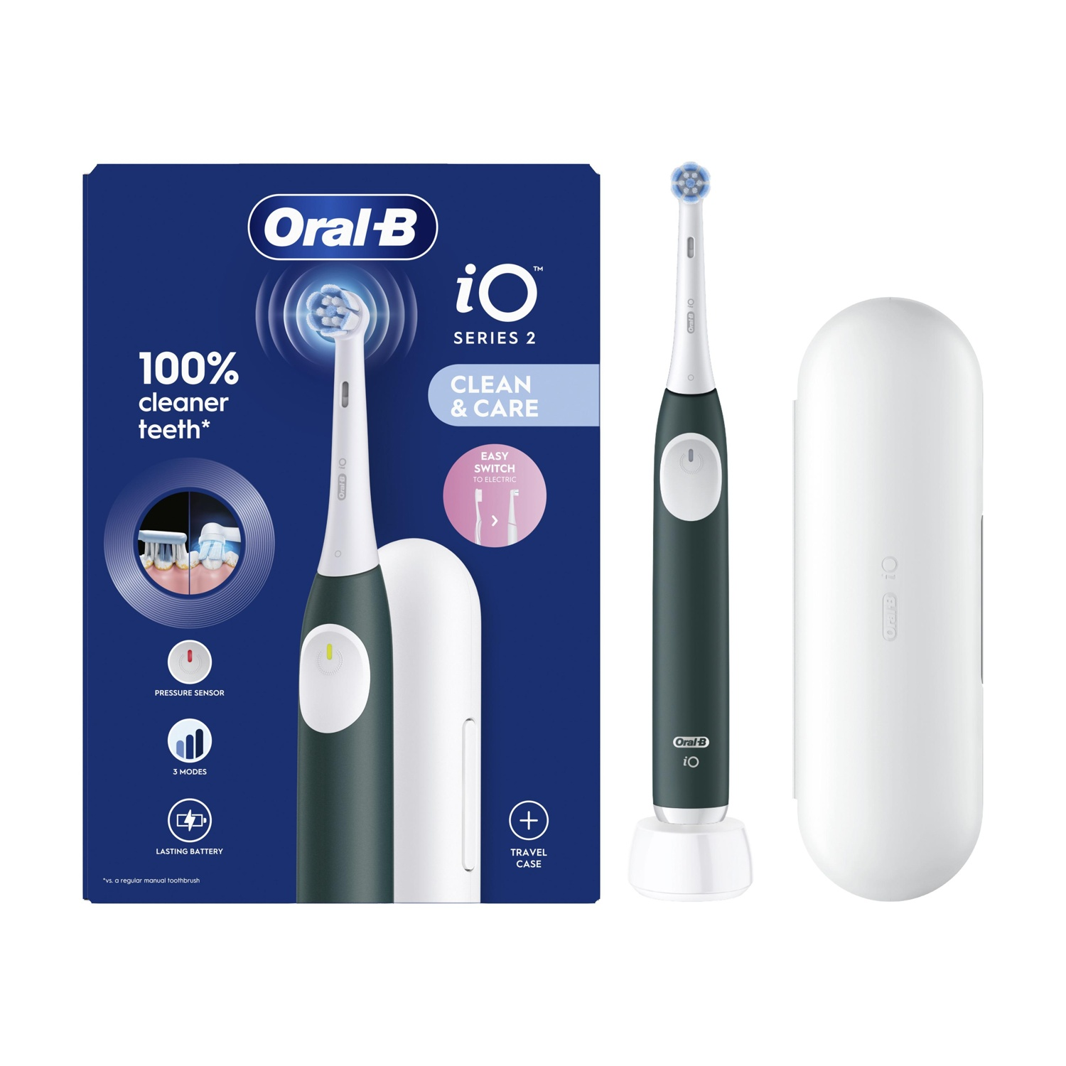Kit spazzolino elettrico Oral-B iO Series 2 con base di ricarica e custodia.