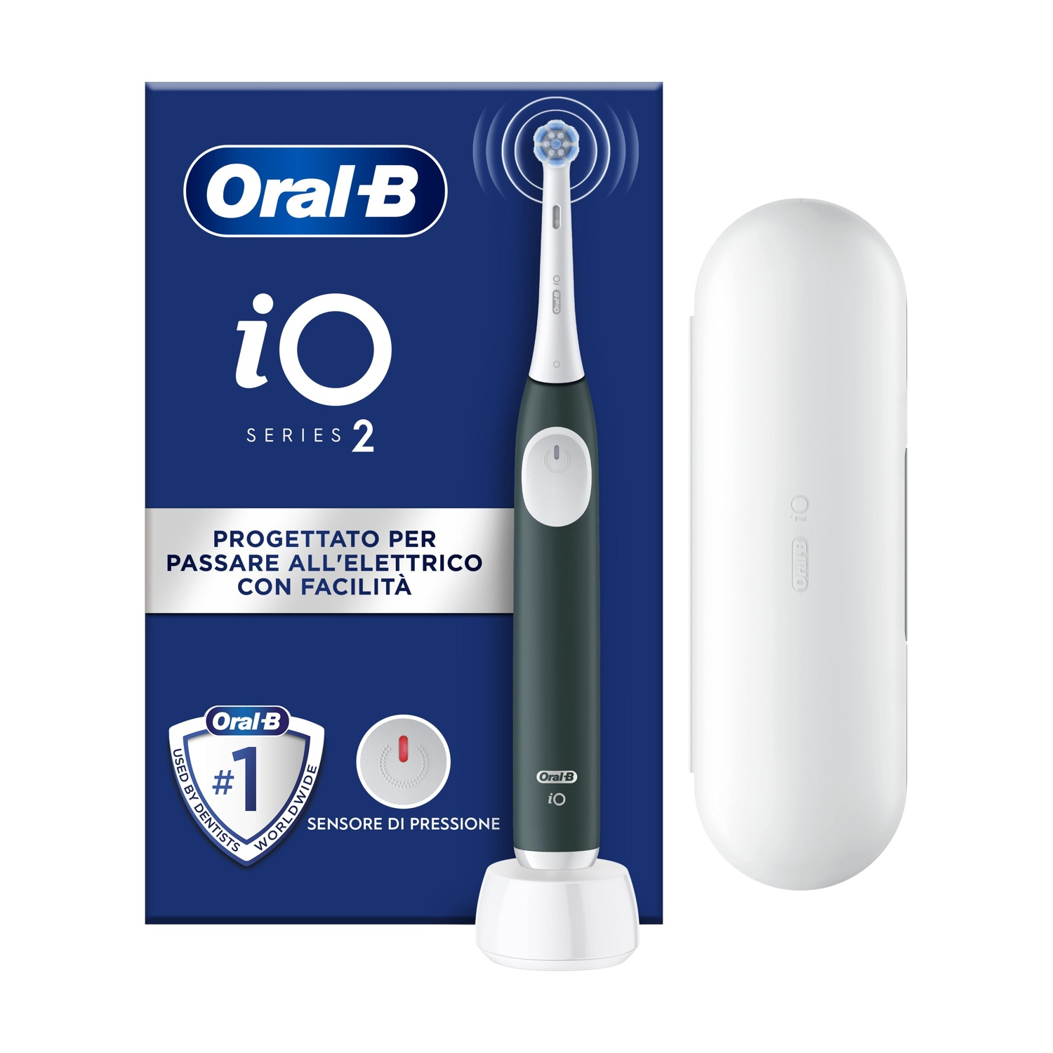 Spazzolino elettrico Oral-B iO Serie 2 con base di ricarica e custodia da viaggio.