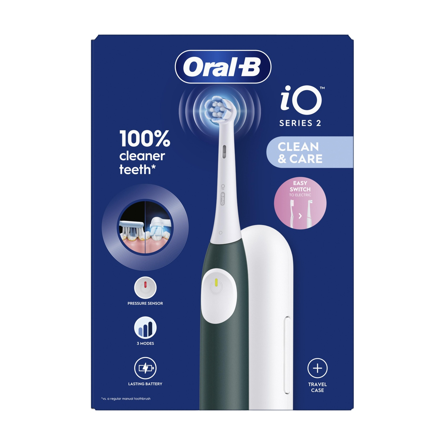 Spazzolino elettrico Oral-B iO Serie 2 con custodia da viaggio e informazioni sul prodotto.