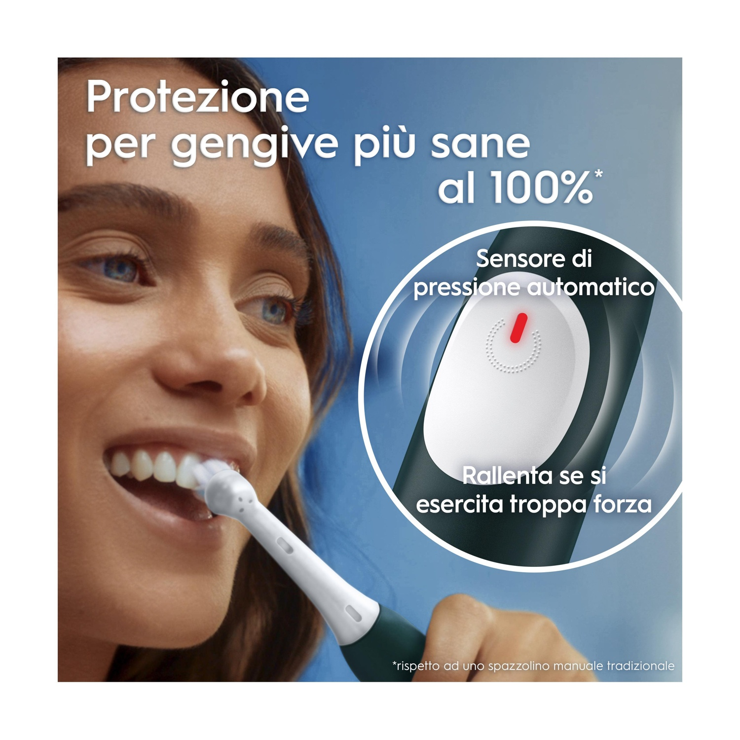 Donna che si lava i denti con uno spazzolino Oral-B. Testo: Per gengive più sane al 100%. Sensore di pressione automatico.