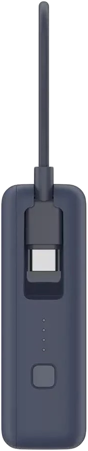 Sötétkék töltőeszköz USB-C porttal, négy jelzőfénnyel és egy gombbal.