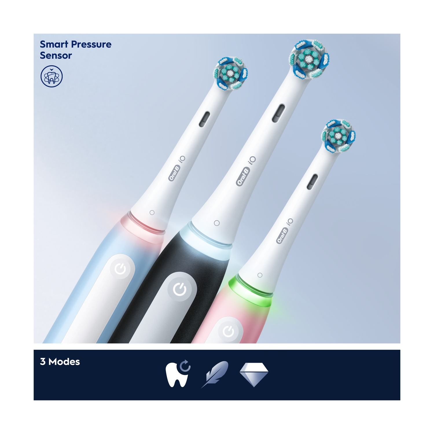 Tre spazzolini elettrici Oral-B iO: rosa, nero e bianco. Sensore di pressione intelligente. 3 modalità.