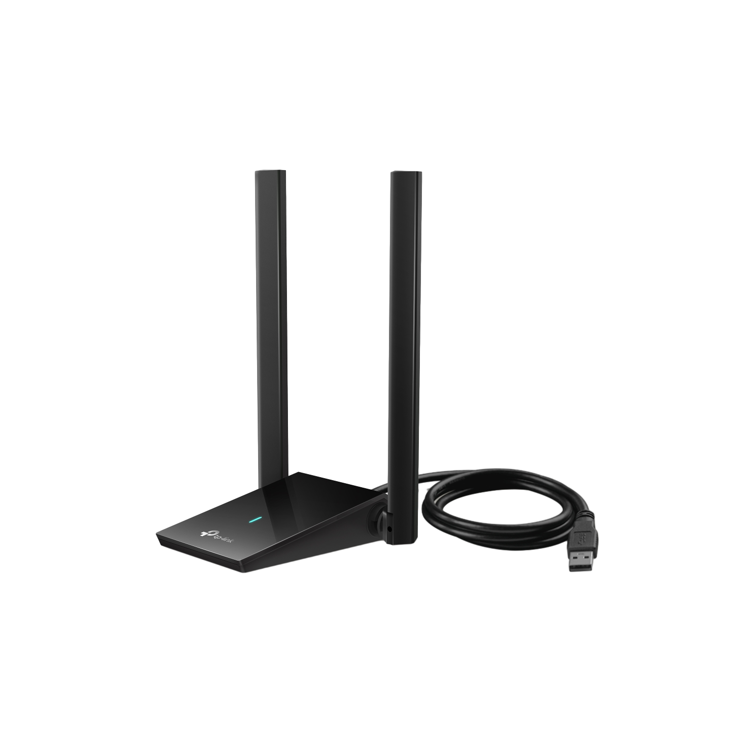 Adaptateur Wi-Fi USB TP-Link noir avec deux antennes et un câble.