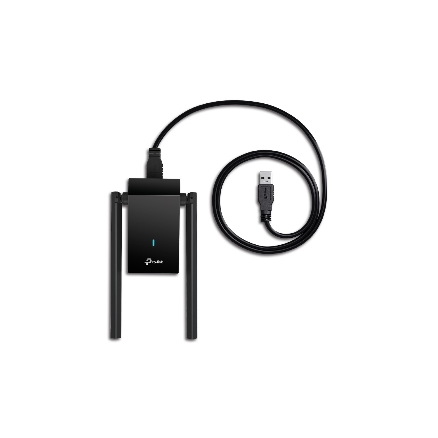 Un adaptateur réseau USB noir et gris avec deux antennes, sur fond blanc.