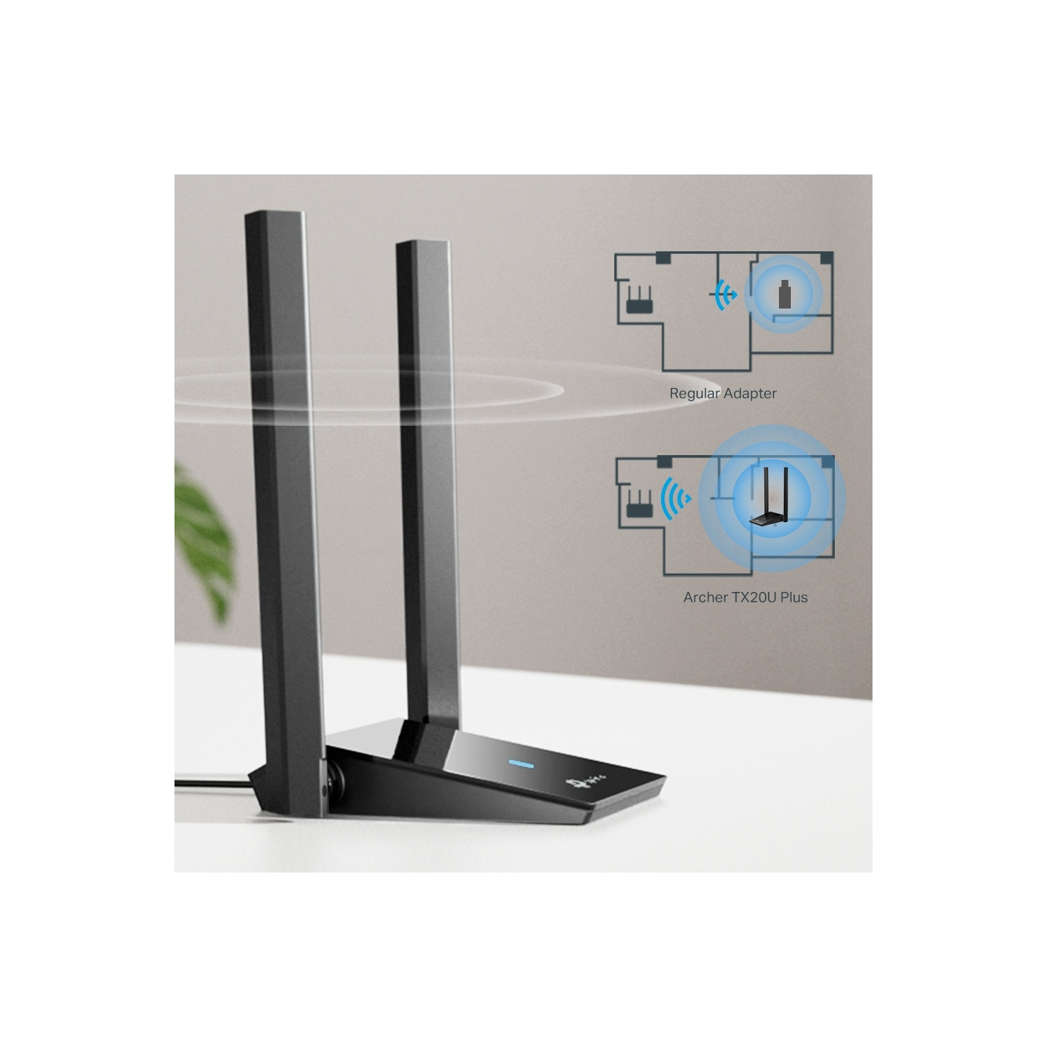 Adaptateur Wi-Fi Archer TX20U Plus noir. Diagramme : adaptateur normal vs Archer TX20U Plus.