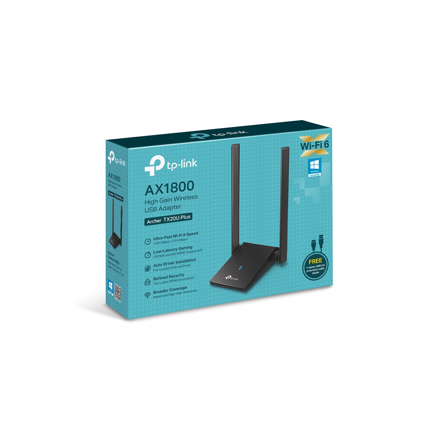 Boîte d'adaptateur USB TP-Link AX1800 Wi-Fi 6, avec produit et fonctionnalités.