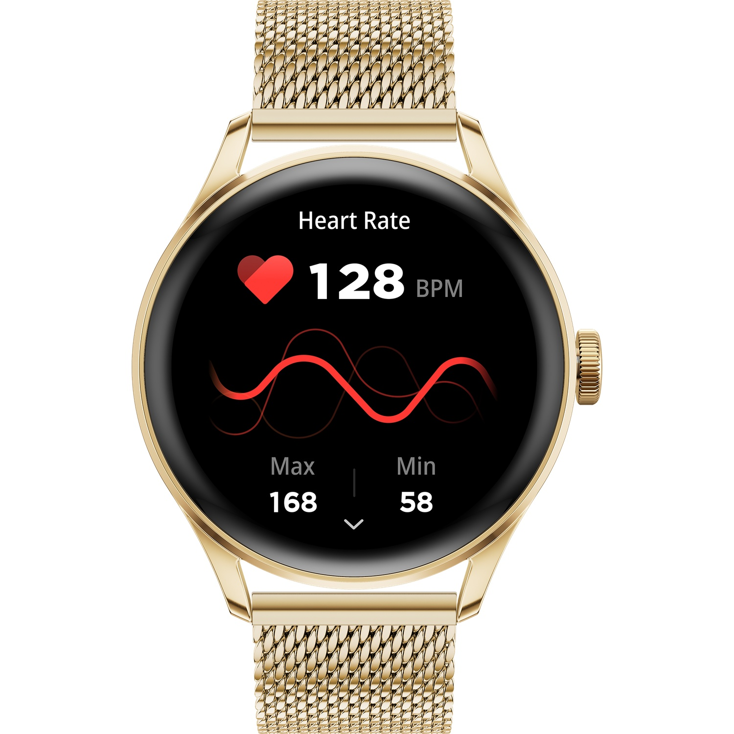 Smartwatch dorée affichant la fréquence cardiaque : 128 BPM. Graphique de fréquence, plage : 58-168. Bracelet doré.
