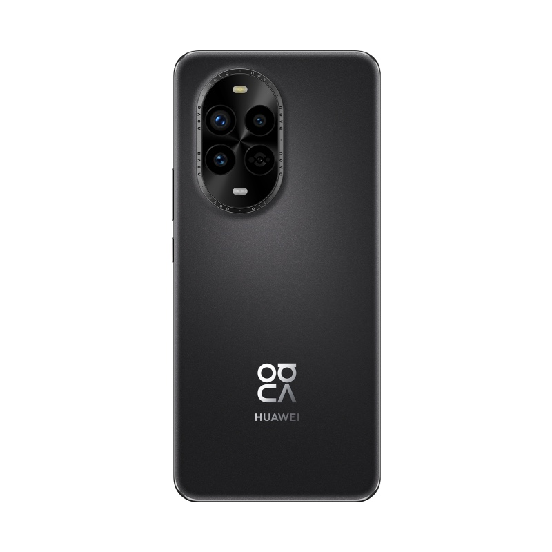 Siyah akıllı telefon. Kamera dizilimi ile arka görünüm. Huawei logosu. Siyah zemin.