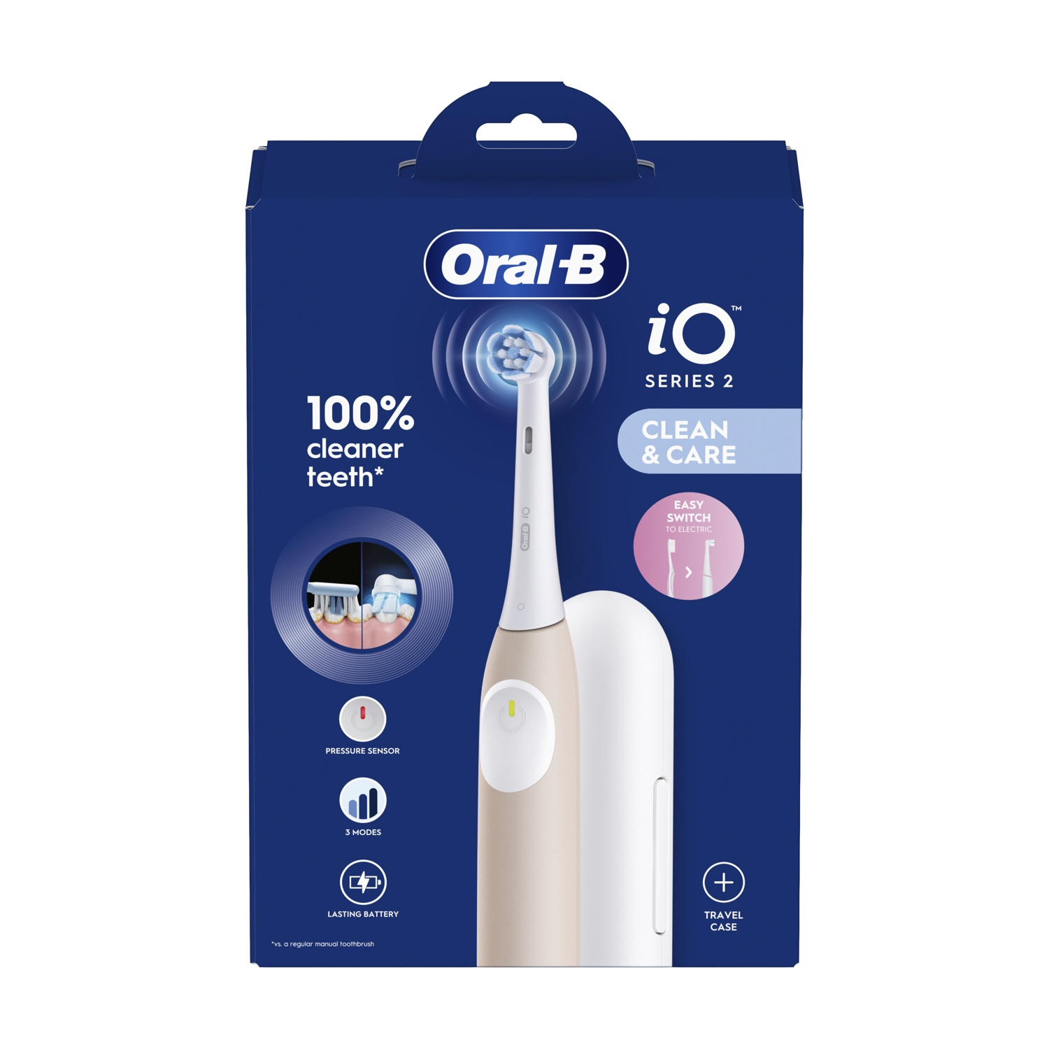 Spazzolino elettrico Oral-B iO Serie 2 in confezione, su sfondo blu.