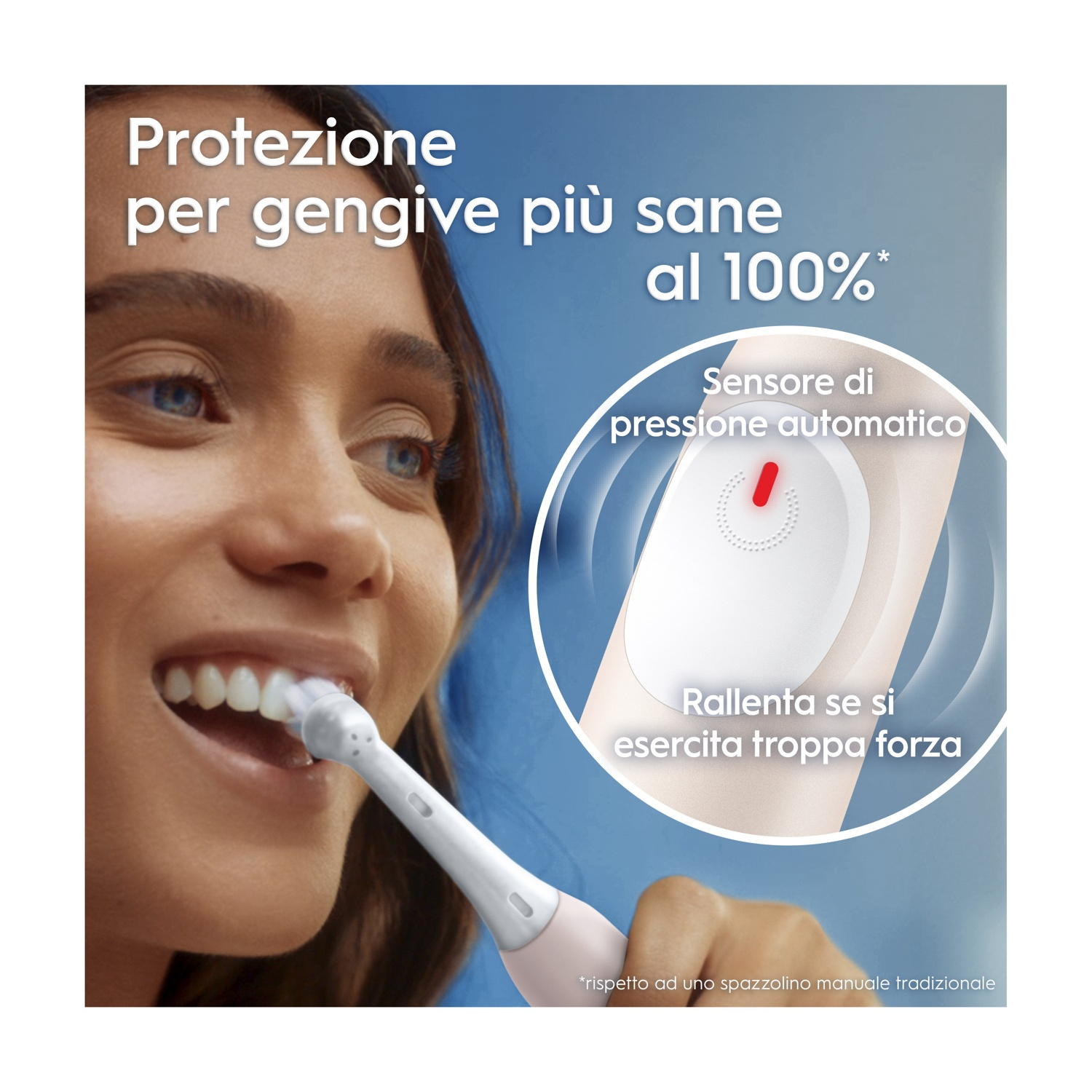 Donna che si lava i denti con Oral-B iO rosa. Sensore di pressione automatico. Sfondo blu.