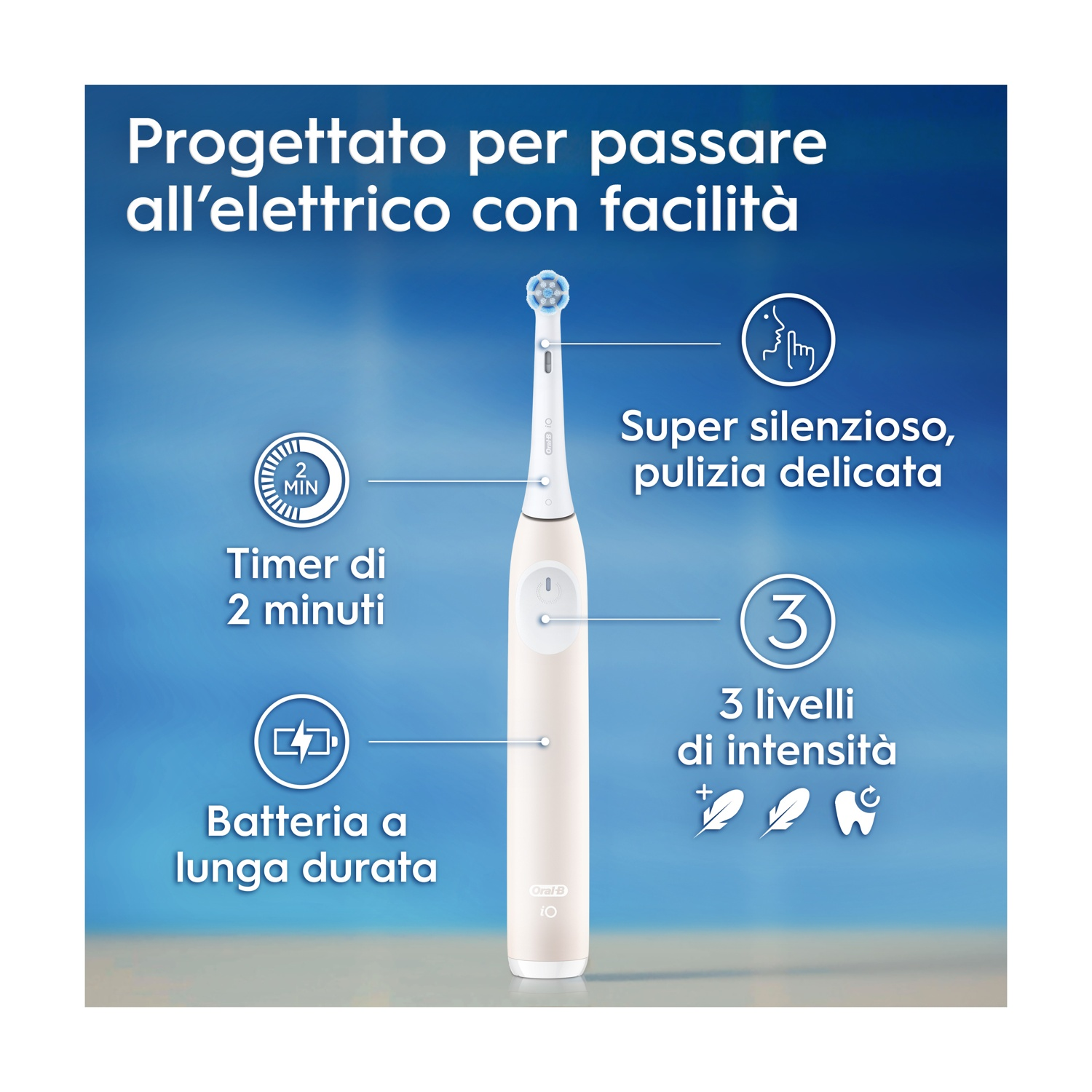 Spazzolino Oral-B iO Series 2 bianco. Timer, batteria a lunga durata, 3 livelli. Blu.