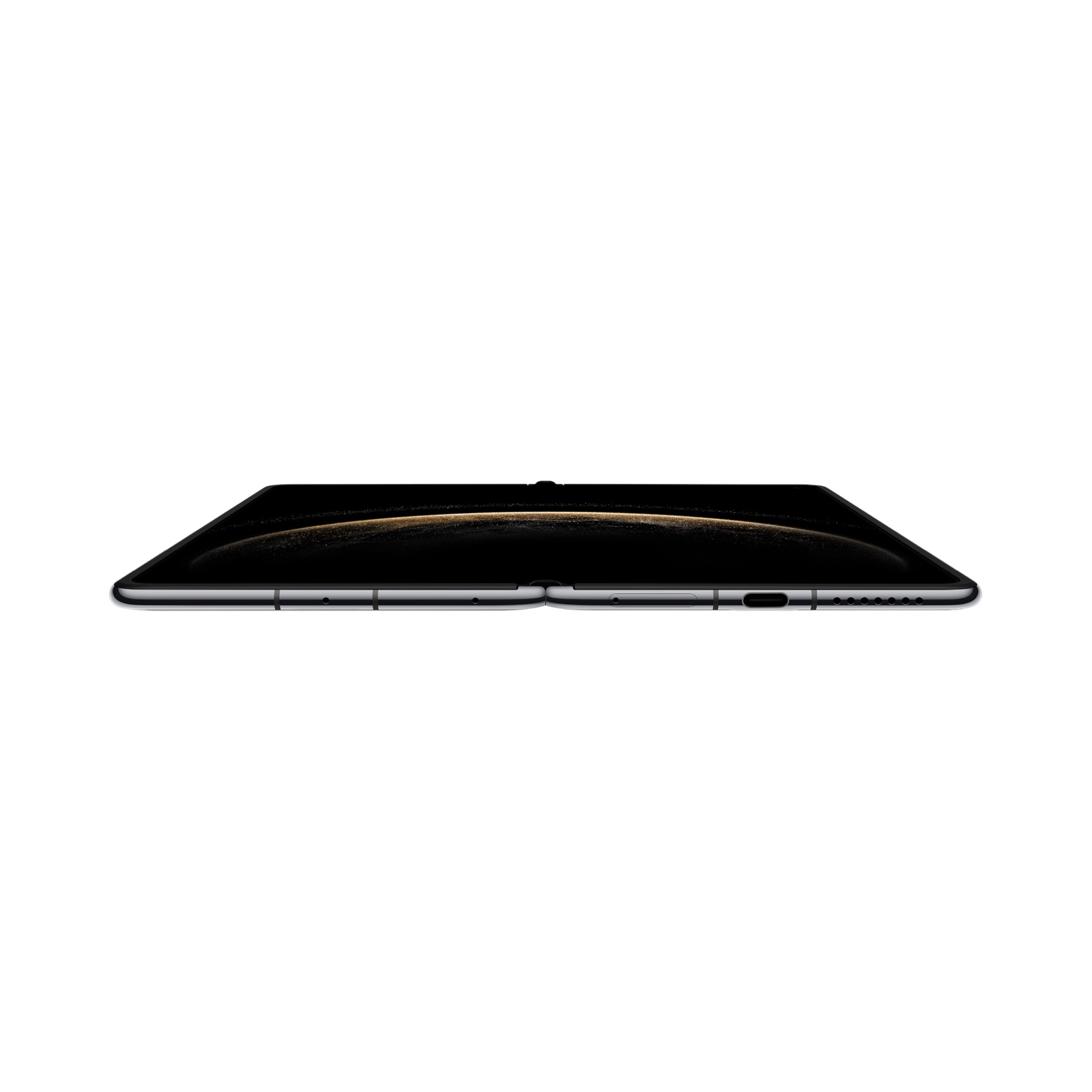 Katlanabilir tablet, açık ve düz, şarj portu ile yan görünüm.