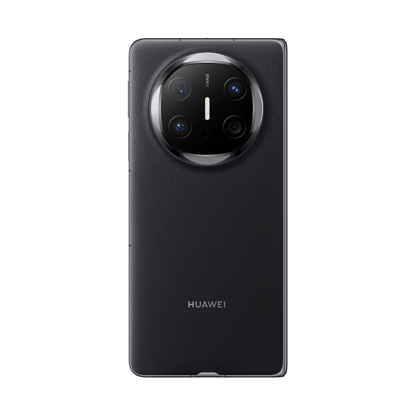 Arkasında büyük bir kamera modülü bulunan siyah Huawei telefon.