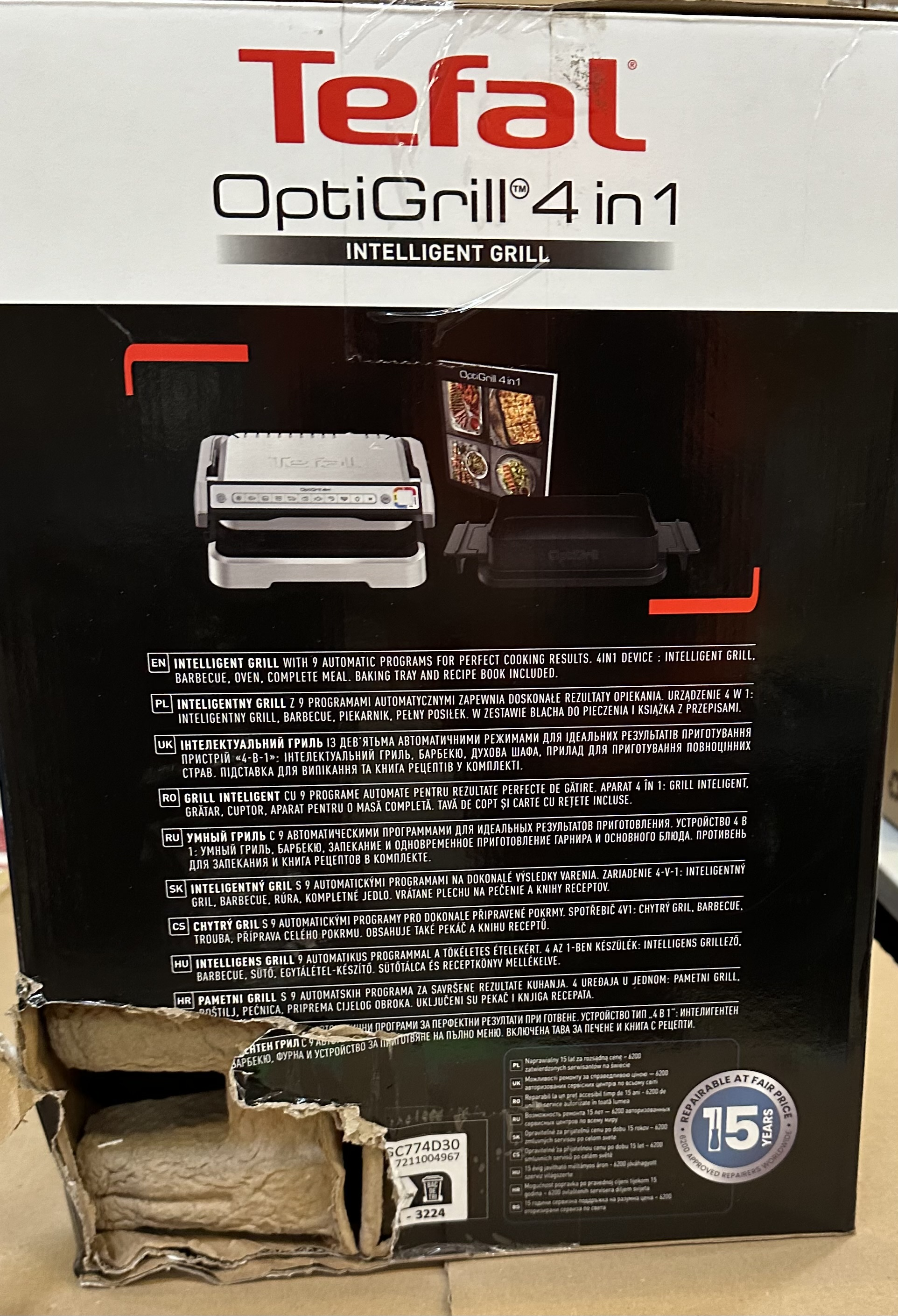 Pudełko Tefal OptiGrill 4 w 1 z tekstem i obrazami.