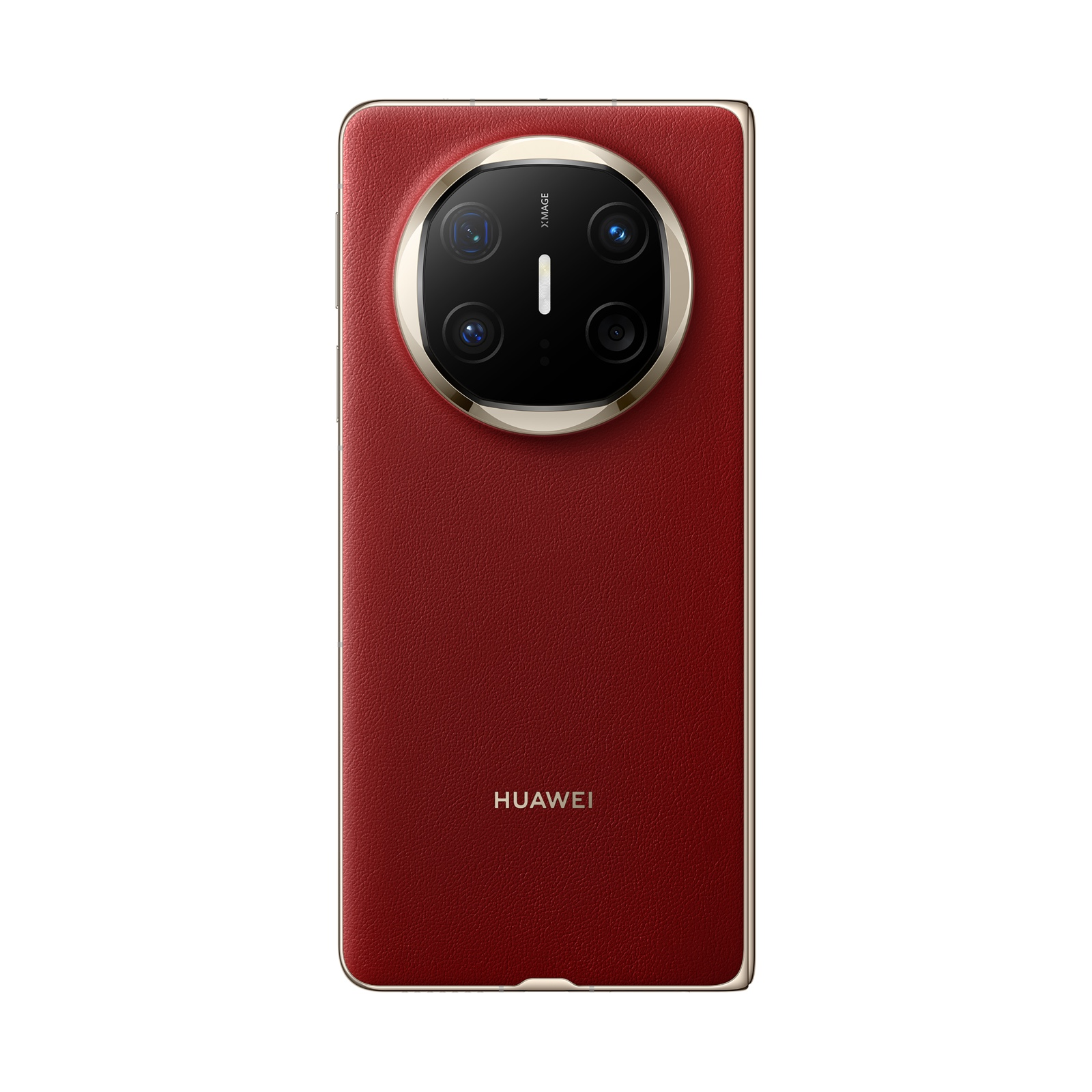 Kırmızı Huawei telefon arkası, kamera modülü, gümüş halka ve Huawei markası.