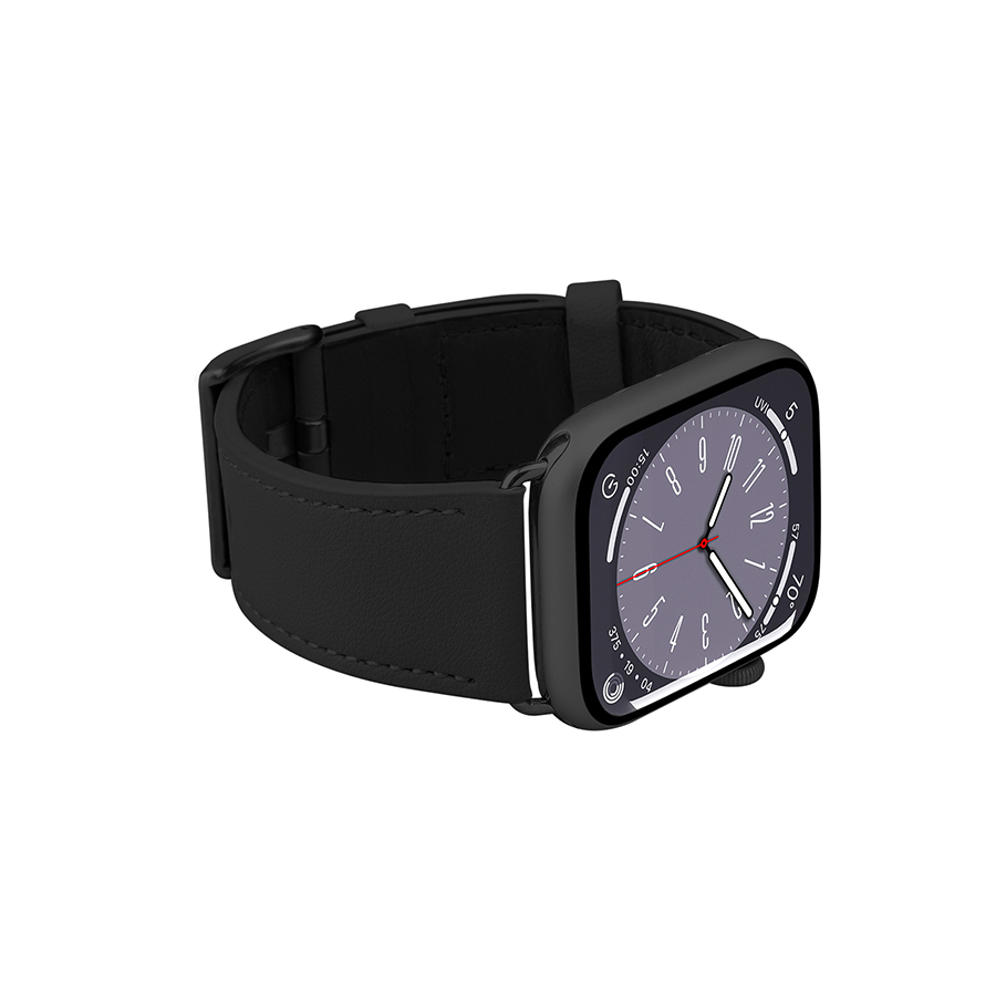 Siyah Apple Watch, siyah deri kayış ve kasa, yakın çekim, beyaz yüzey üzerinde.