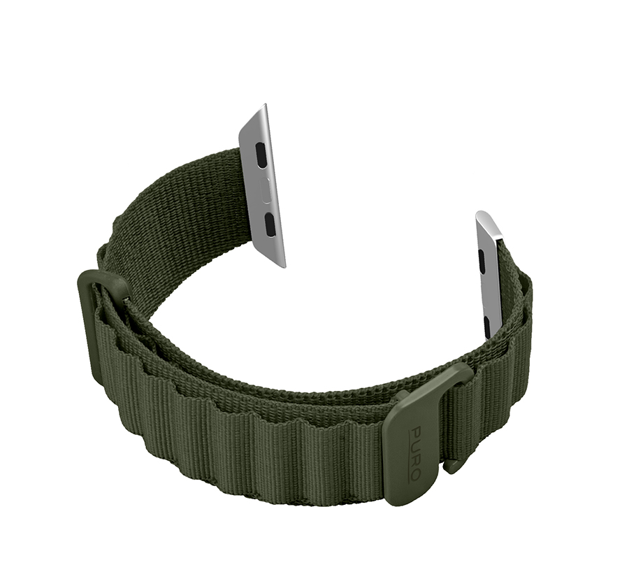 Grünes Apple Watch-Armband, silberne Anschlüsse, weißer Hintergrund.