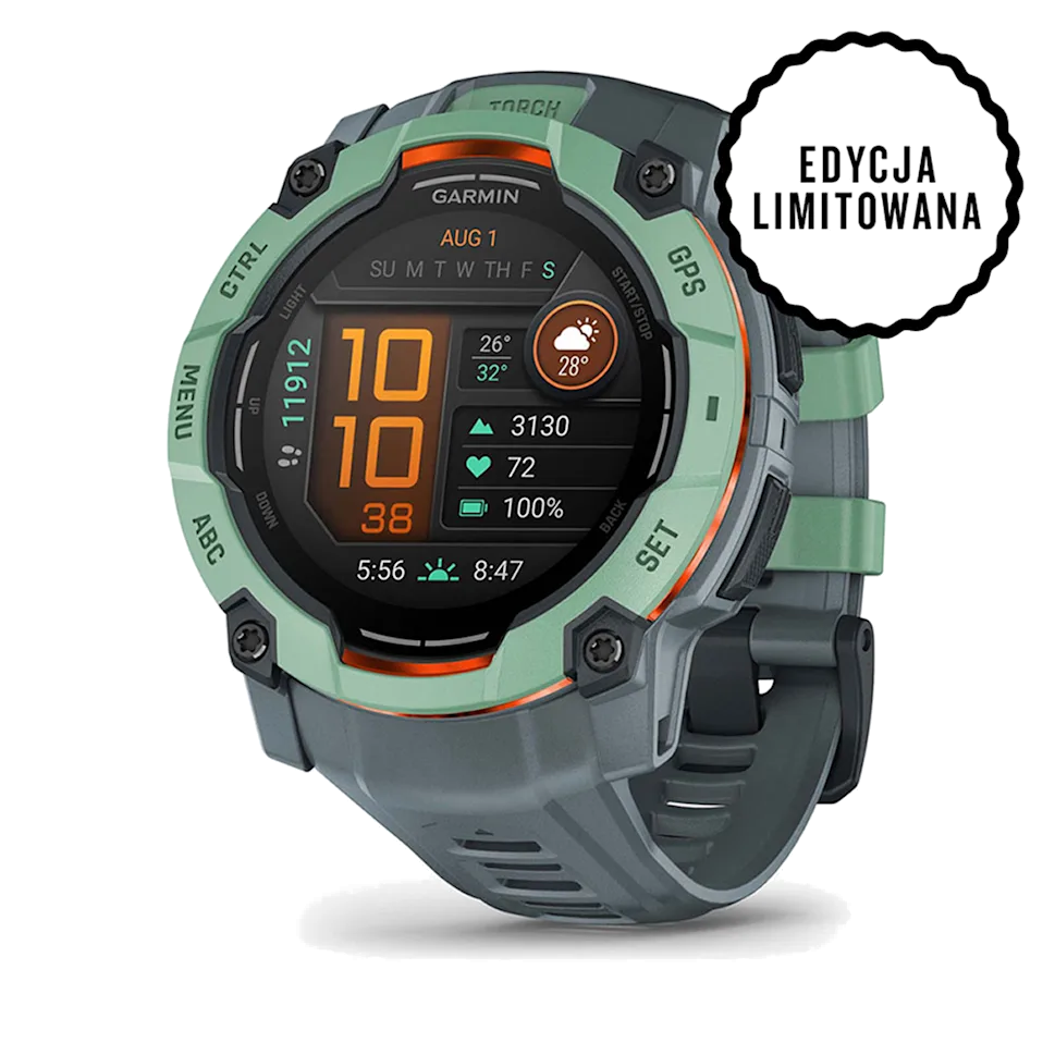 Smartwatch Garmin z zielono-pomarańczową kolorystyką. Wyświetla czas i dane zdrowotne.