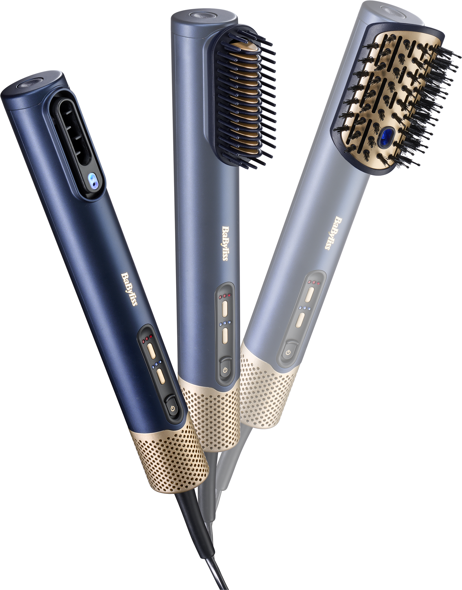Három Babyliss meleg levegős hajformázó különböző kék árnyalatban.
