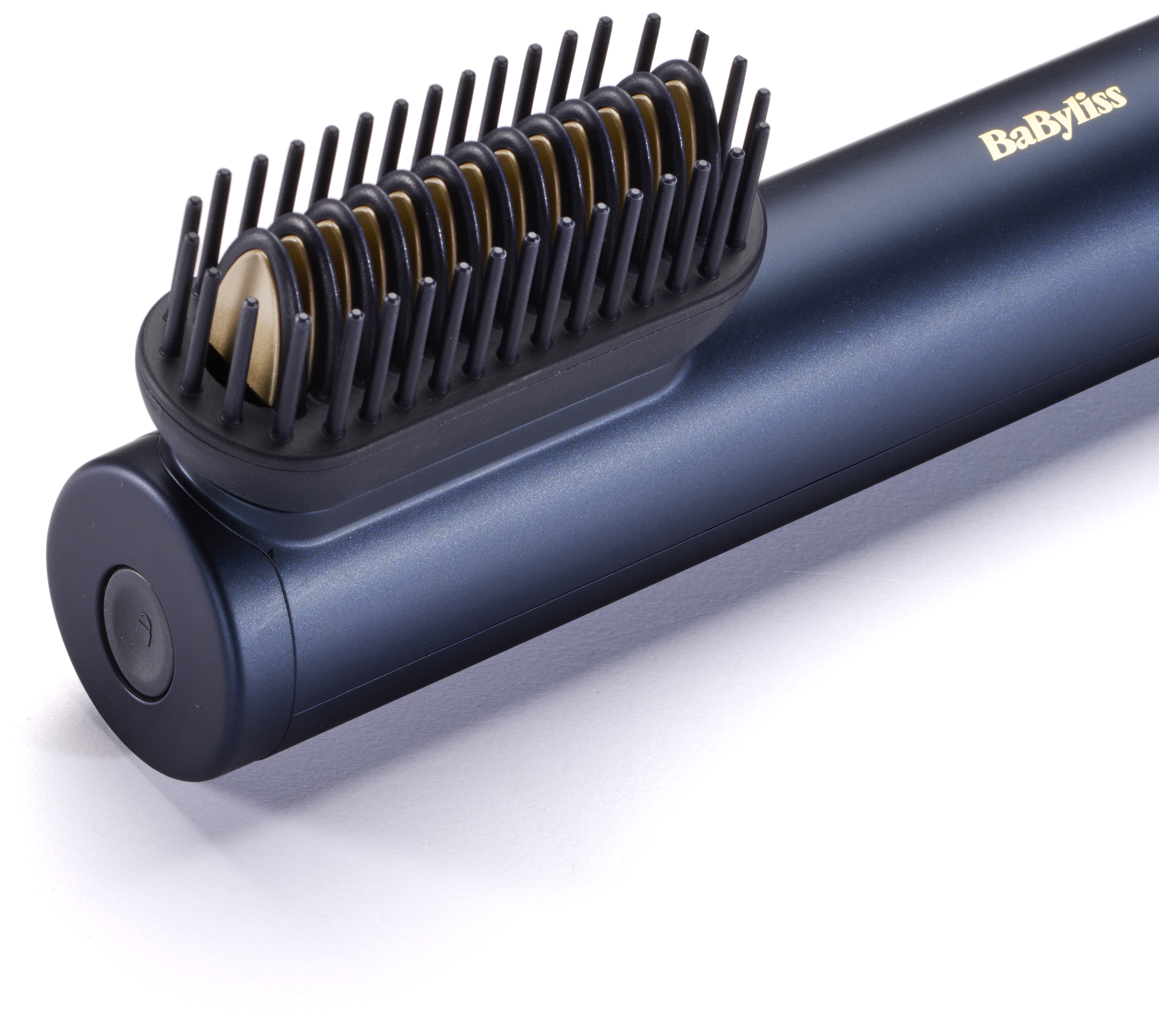 Kék hajsimító fekete-arany kefével. A 'BaByliss' márkanév látható.