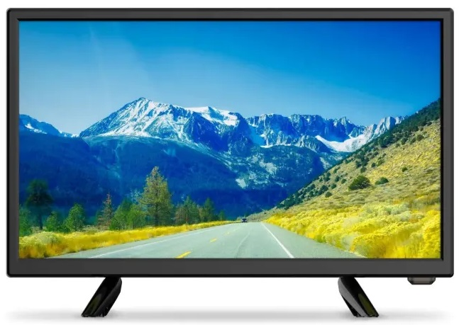 Telewizor wyświetlający górski krajobraz z drogą. Telewizor jest czarny, z czarną podstawą.