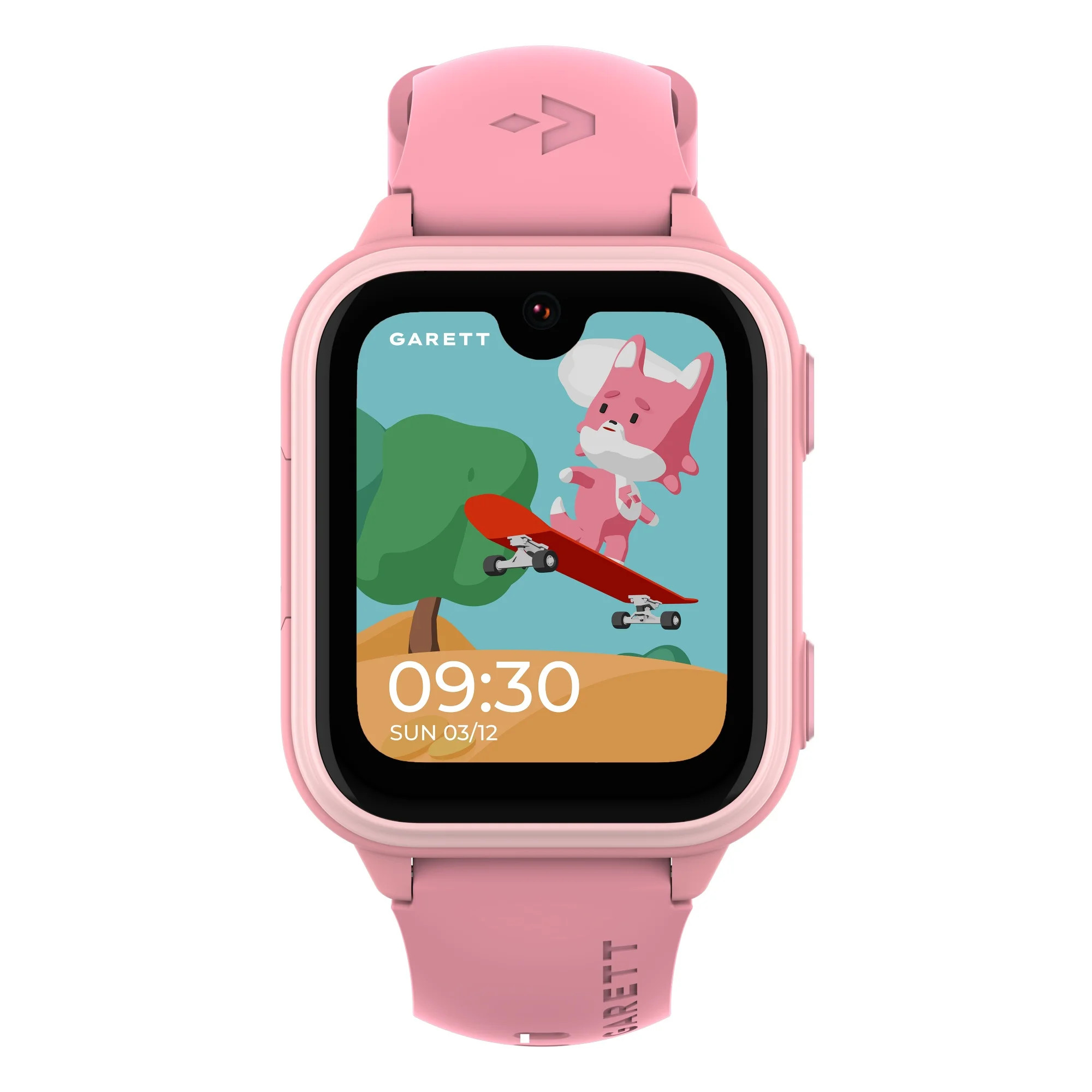 Różowy smartwatch pokazujący kota z kreskówki na deskorolce. Godzina to 09:30.