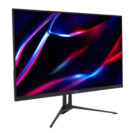 Un monitor gaming Acer, vista en ángulo, soporte negro y fondo abstracto colorido.