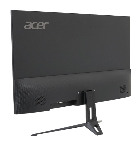Vista trasera de un monitor Acer negro con soporte sobre una superficie negra.