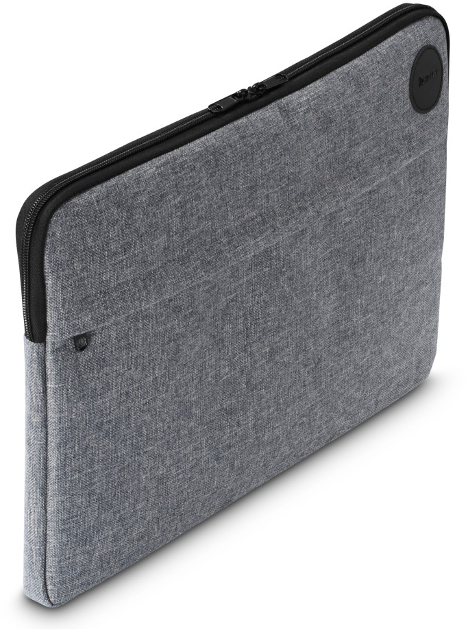 Egy szürke laptop tok cipzárral és egy kis zsebbel, szögben.
