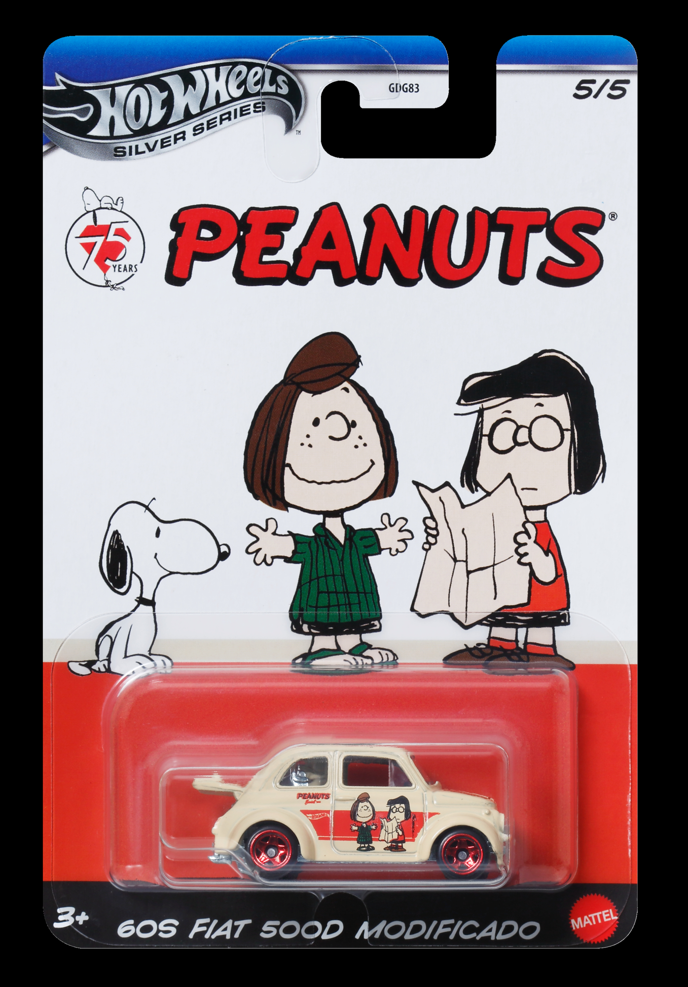 Hot Wheels Peanuts Spielzeugauto in Blisterpackung, mit Snoopy und Freunden.