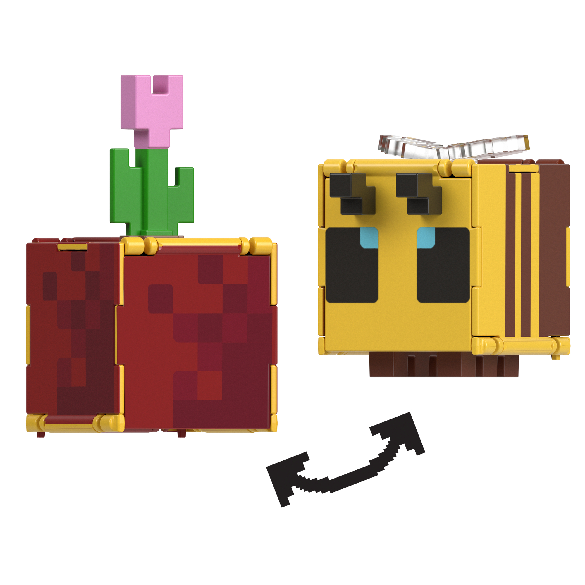 Minecraft LEGO Set mit Biene und Blume auf einem Block. Ein pixeliger Pfeil zeigt die Bienenrotation.