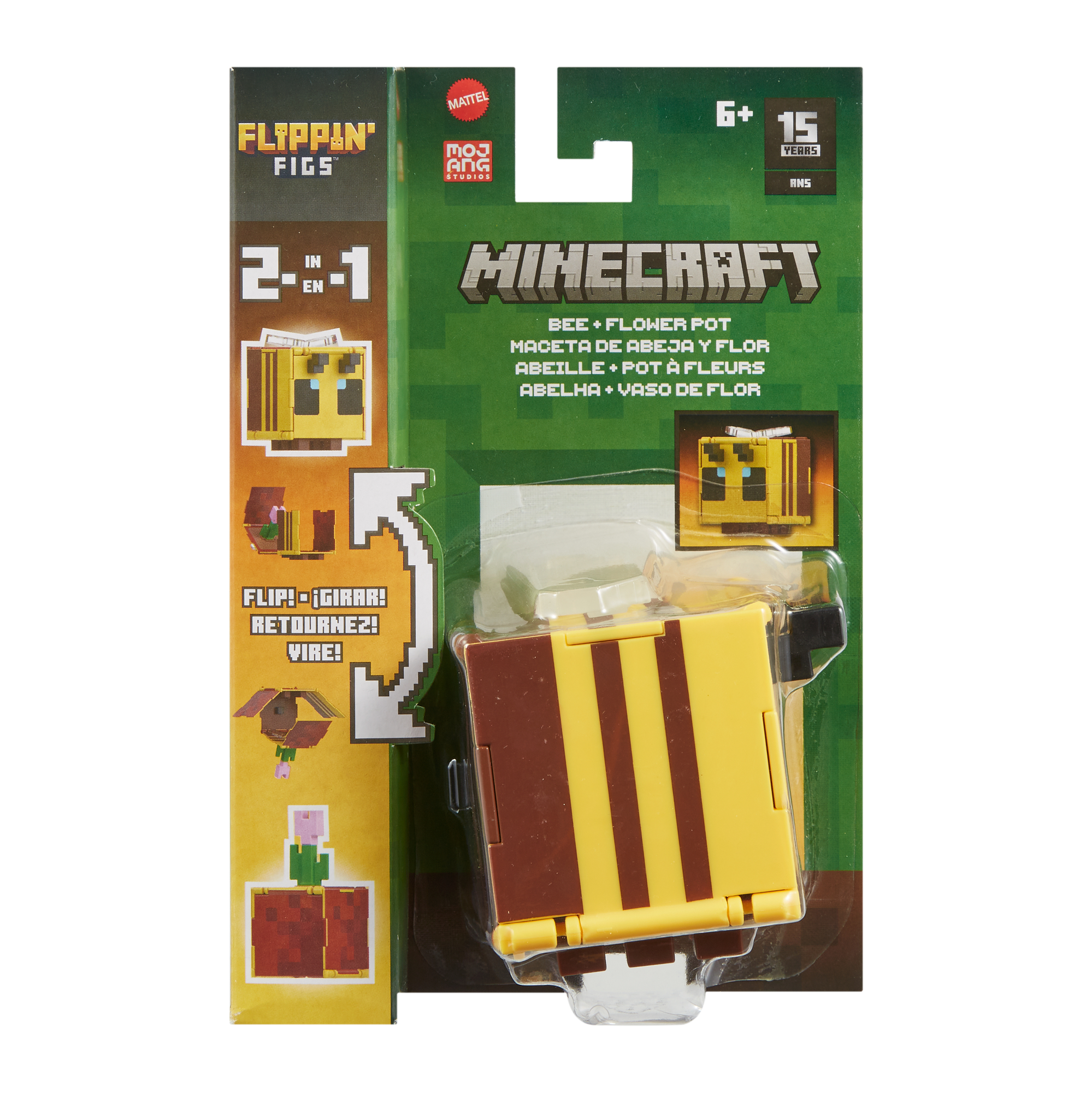 Minecraft-Spielzeugverpackung, die eine Biene zeigt, mit Text und Illustrationen.