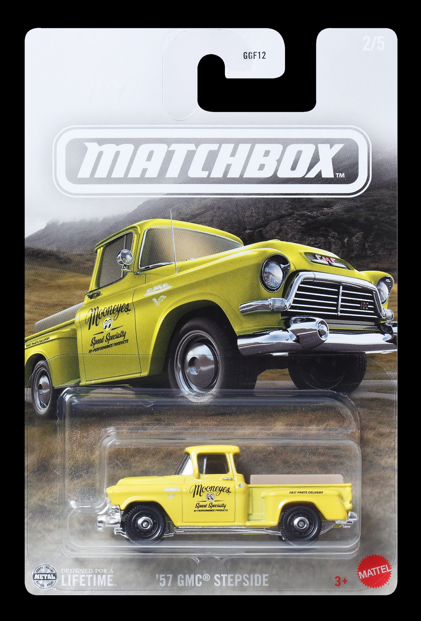 Gelbes Matchbox-Truck-Spielzeug mit Mooneyes-Logo, schwarzer Hintergrund.