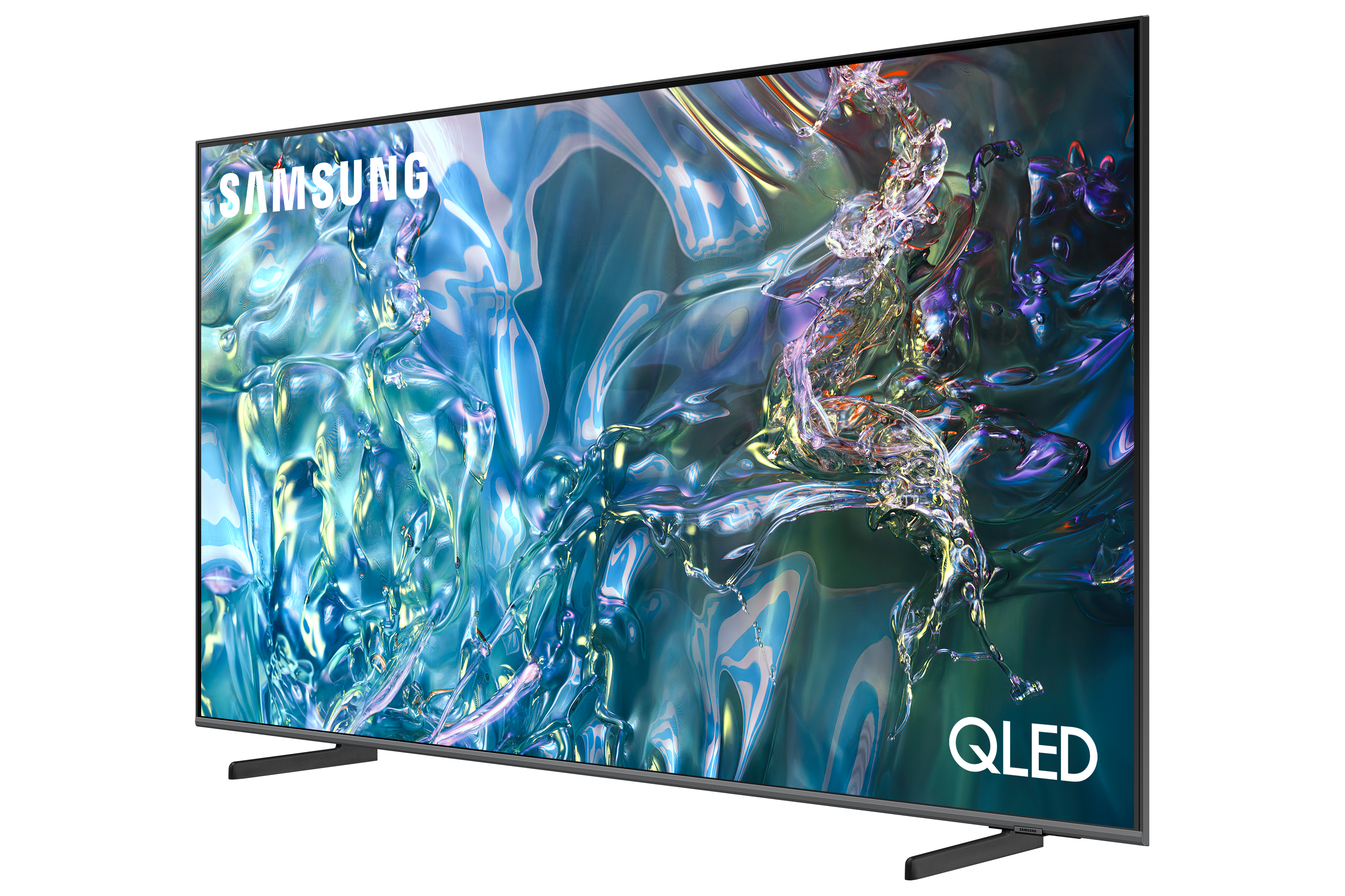 Telewizor Samsung QLED na czarnym tle. Ekran wyświetla abstrakcyjny obraz.