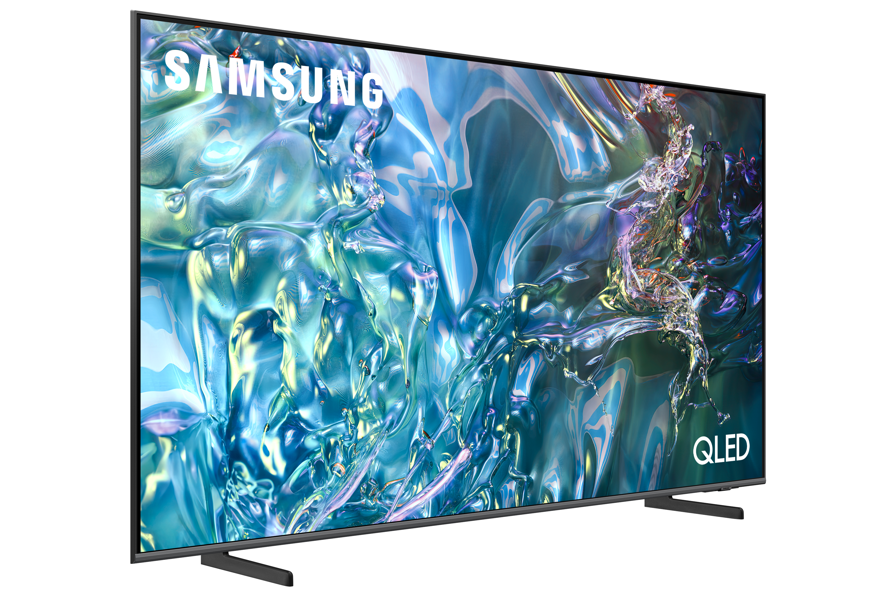 Telewizor Samsung QLED. Ekran wyświetla niebiesko-zielony abstrakcyjny wzór, z czarnym tłem.
