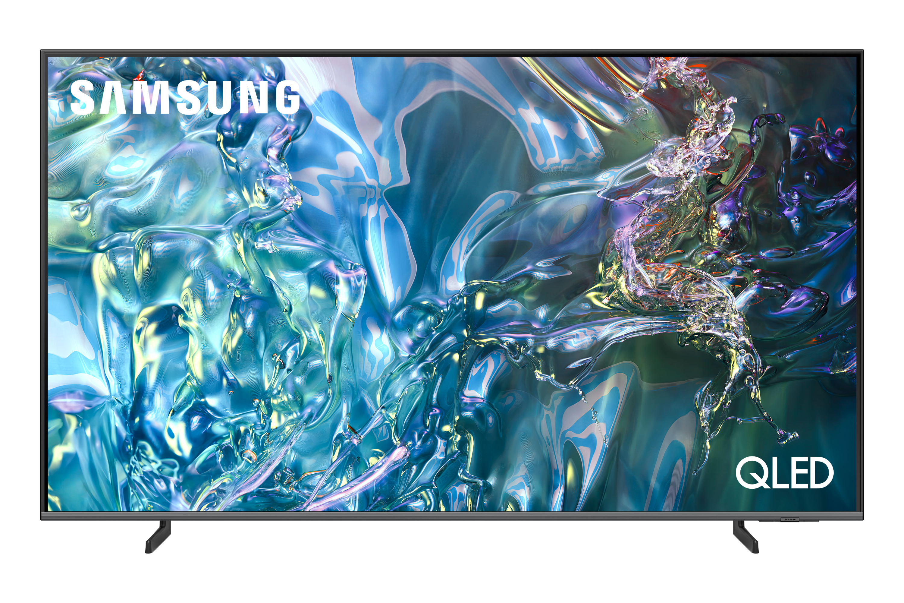 Telewizor Samsung QLED. Ekran wyświetla rozmyty niebiesko-zielony wzór.