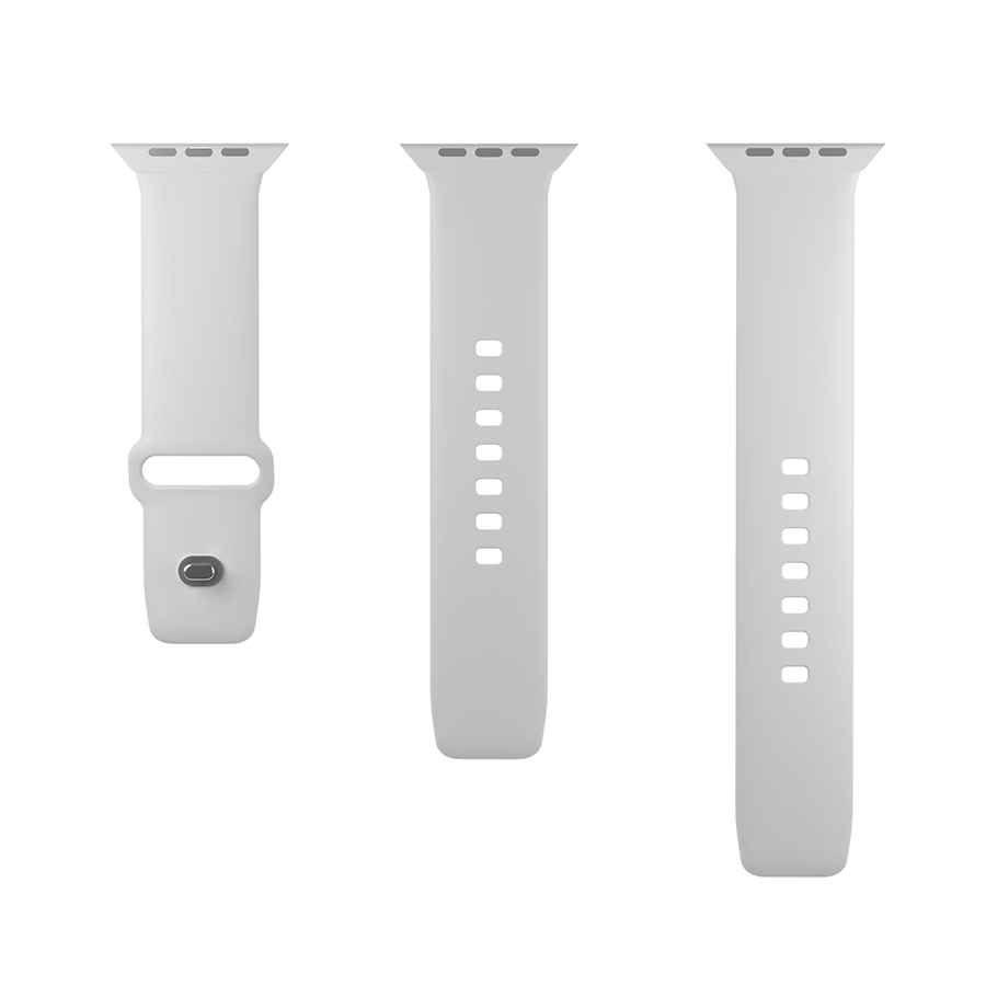 Üç beyaz Apple Watch kayışı, ikisi delikli, biri deliksiz, beyaz zemin üzerine izole edilmiş.