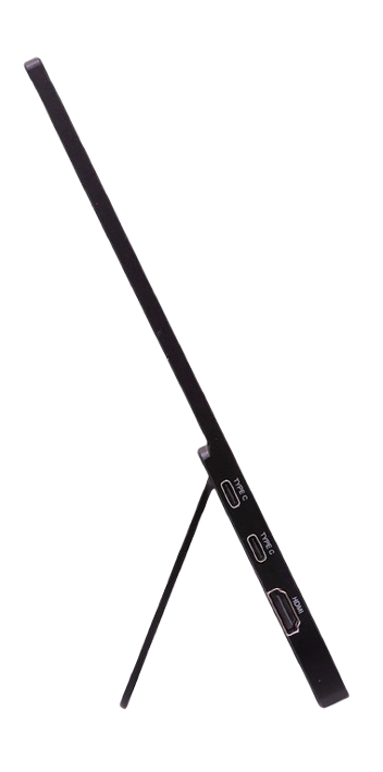 Un monitor portátil negro que muestra puertos y un soporte en ángulo.