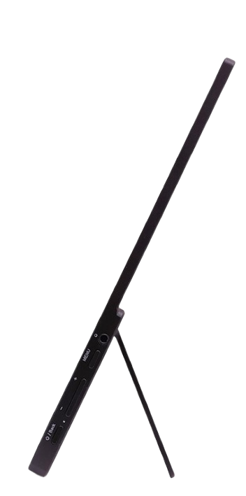 Tableta negra, vista lateral, con soporte.