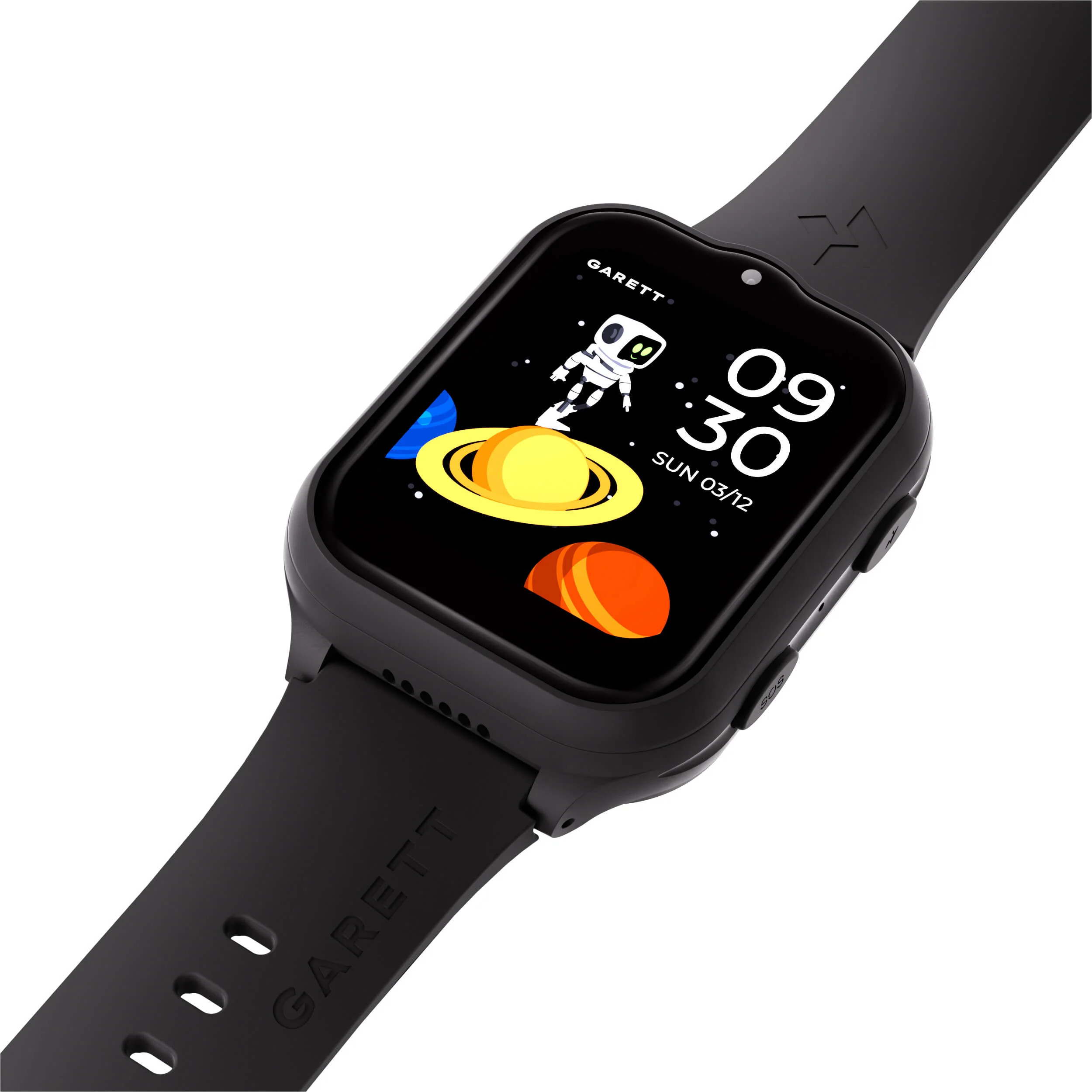 Czarny smartwatch, pokazujący godzinę i grafikę robota.