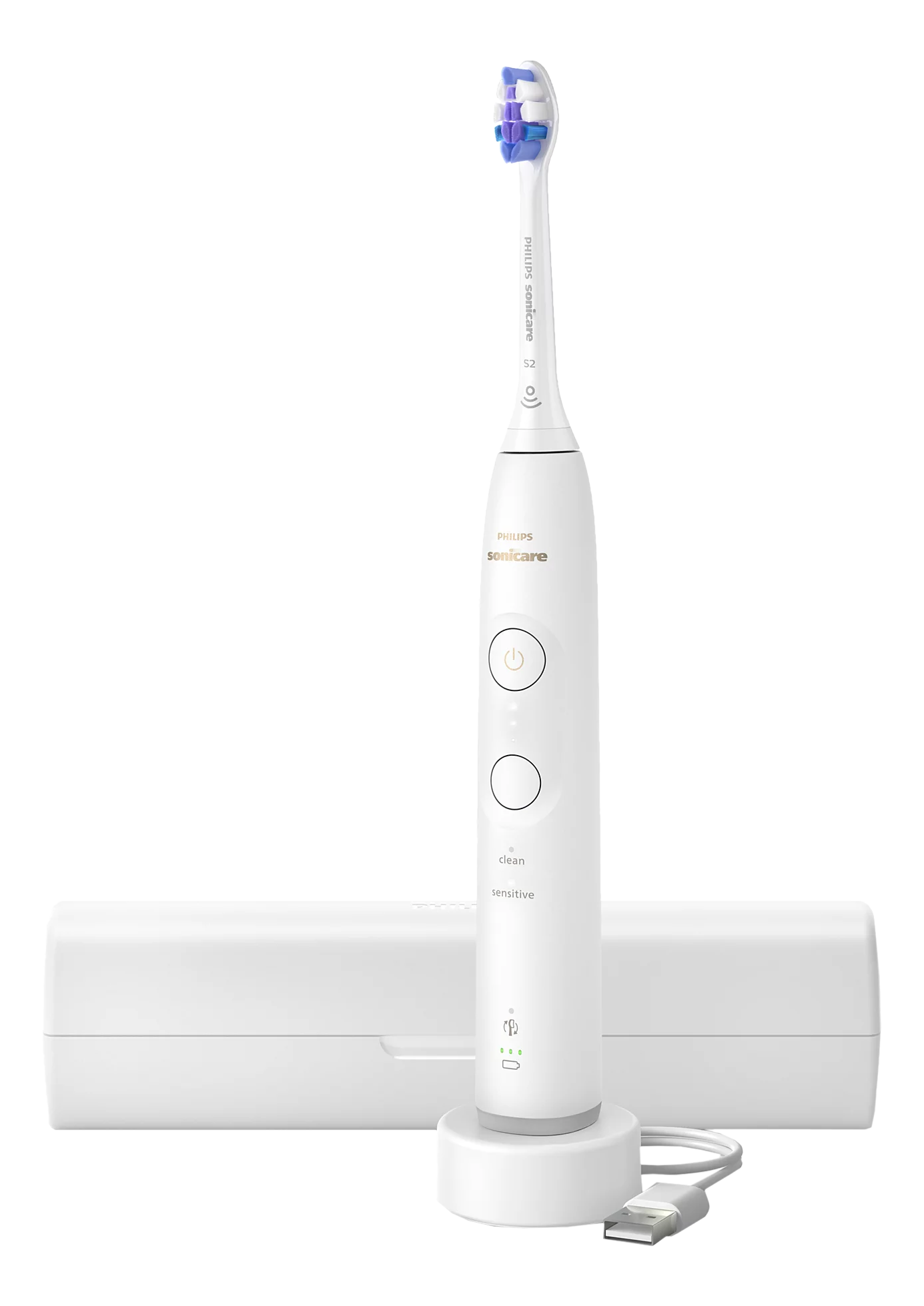Weiße Philips Sonicare Zahnbürste mit Ladegerät. Der Bürstenkopf ist blau und weiß. Weißer Hintergrund.