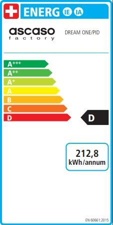 Étiquette énergétique pour une machine à expresso Ascaso Dream One/PID. Affiche les cotes d'efficacité énergétique.